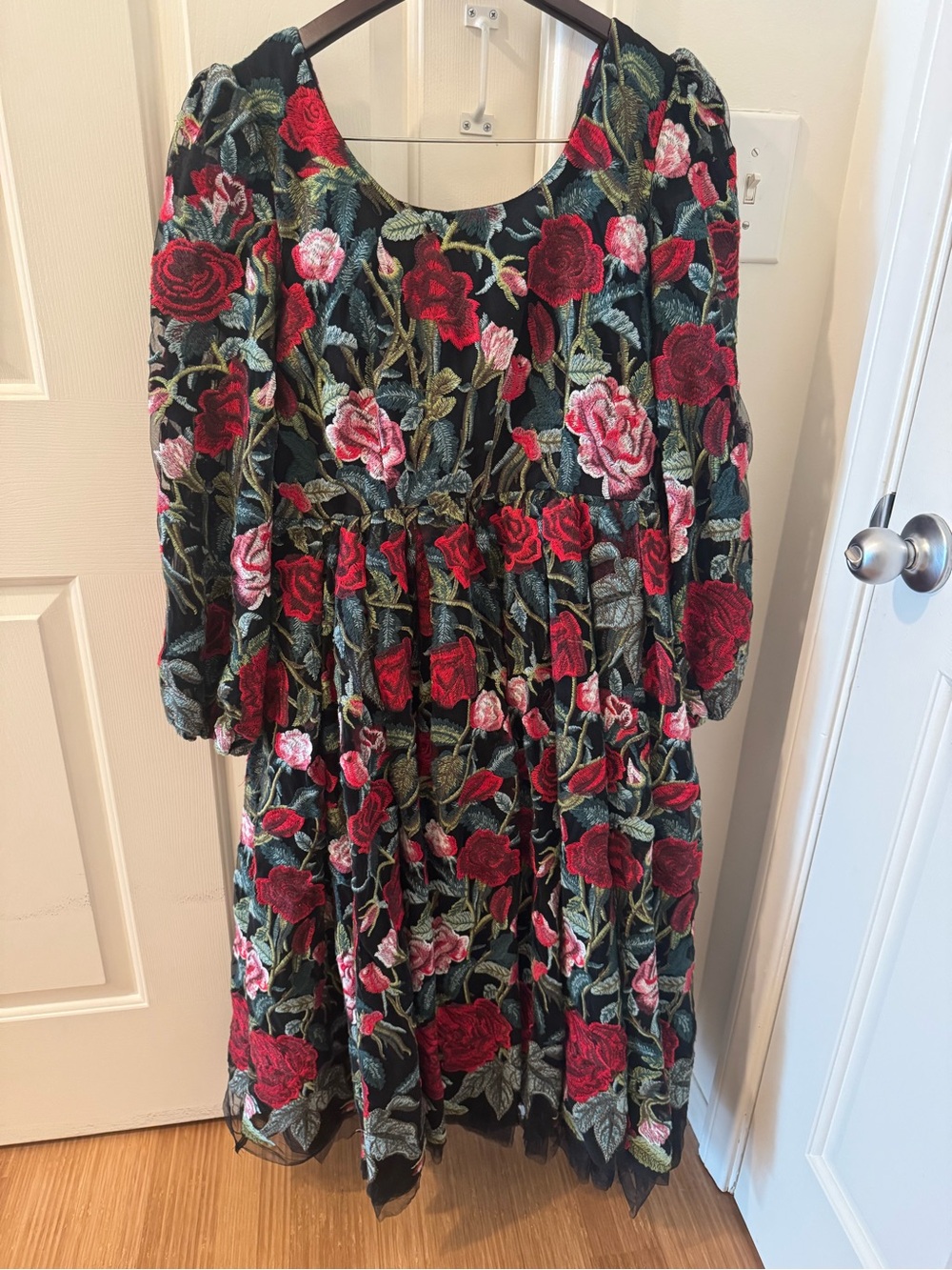 JessaKae Black Dress with Red and Pink Rose Embroidery
